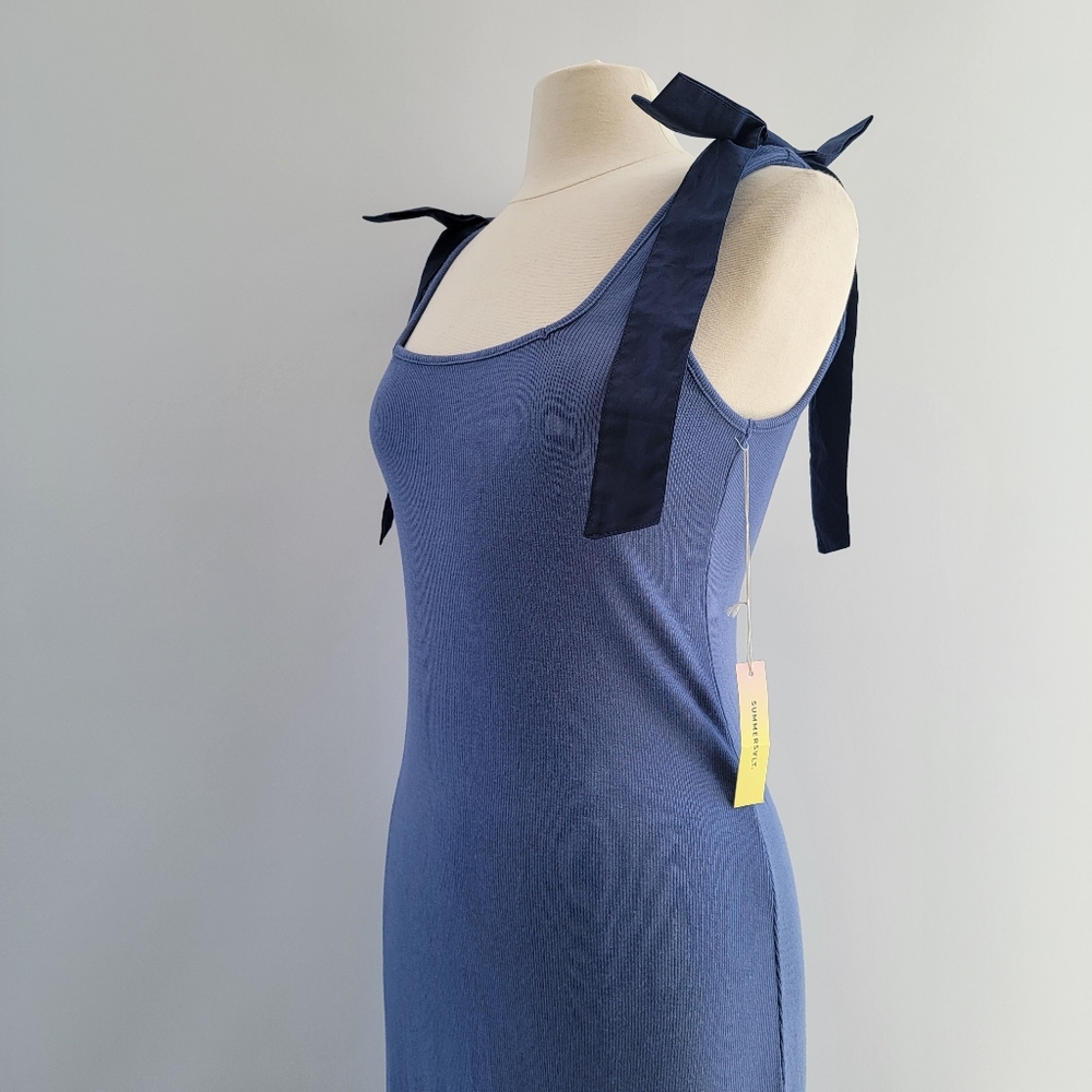 Summersalt Poplin Ribbed Tie Shoulder Blue Maxi Dress Size Large Minimalist - Picture 5 of 13